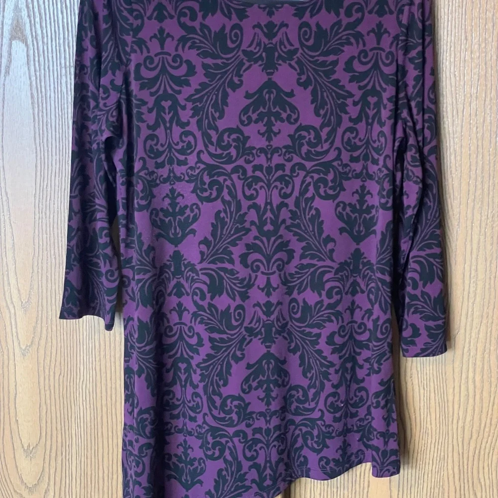SUSAN GRAVER PURPLE & BLACK WOMEN’S TOP SIZE M SIDE KNOT 3/4 SLEEVES - Picture 3 of 5